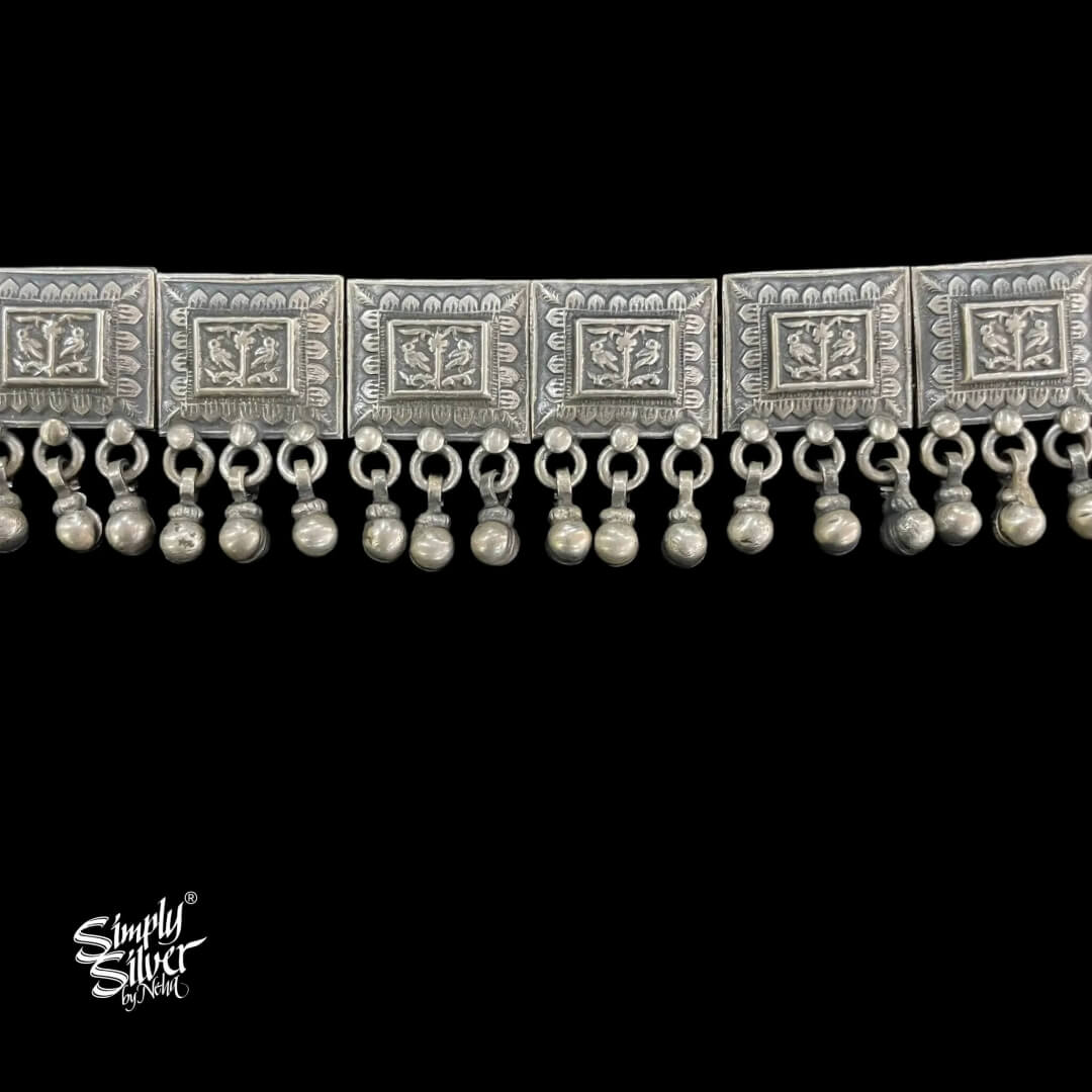 Silver Statement Square Flowers & Birds Choker with Ghungroos - MH4808