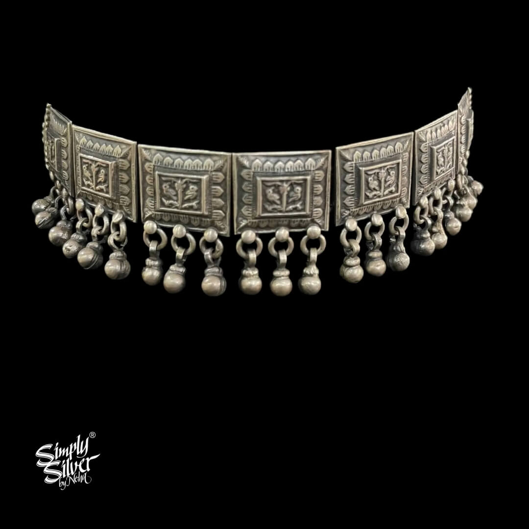 Silver Statement Square Flowers & Birds Choker with Ghungroos - MH4808