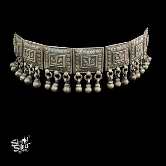 Silver Statement Square Flowers & Birds Choker with Ghungroos - MH4808