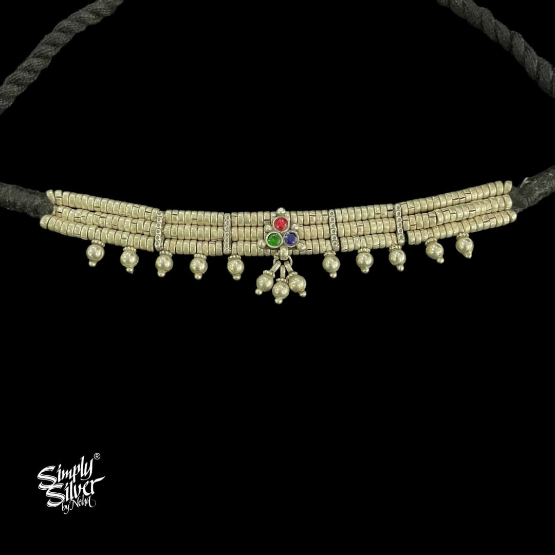 Silver Statement Multi Color Stone Choker With Beads - MH4851