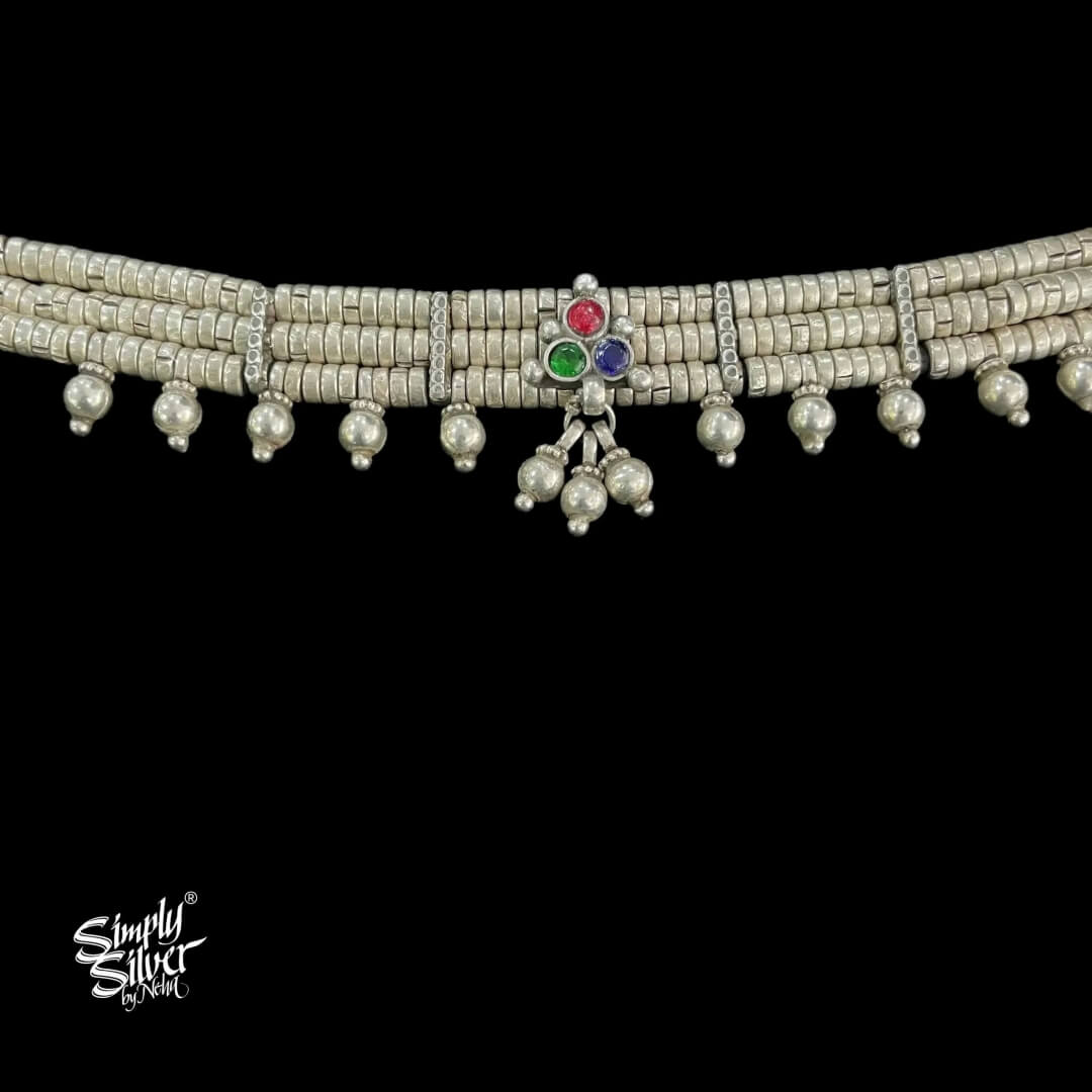 Silver Statement Multi Color Stone Choker With Beads - MH4851