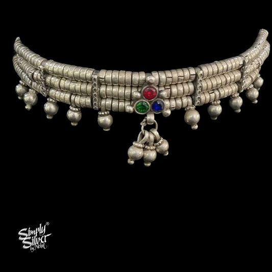 Silver Statement Multi Color Stone Choker With Beads - MH4851
