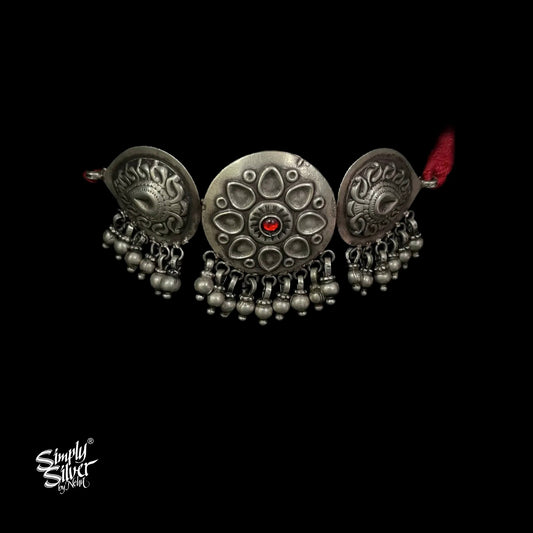 Silver Red Color Stone & Flower Choker with Ghungroos - MH4963