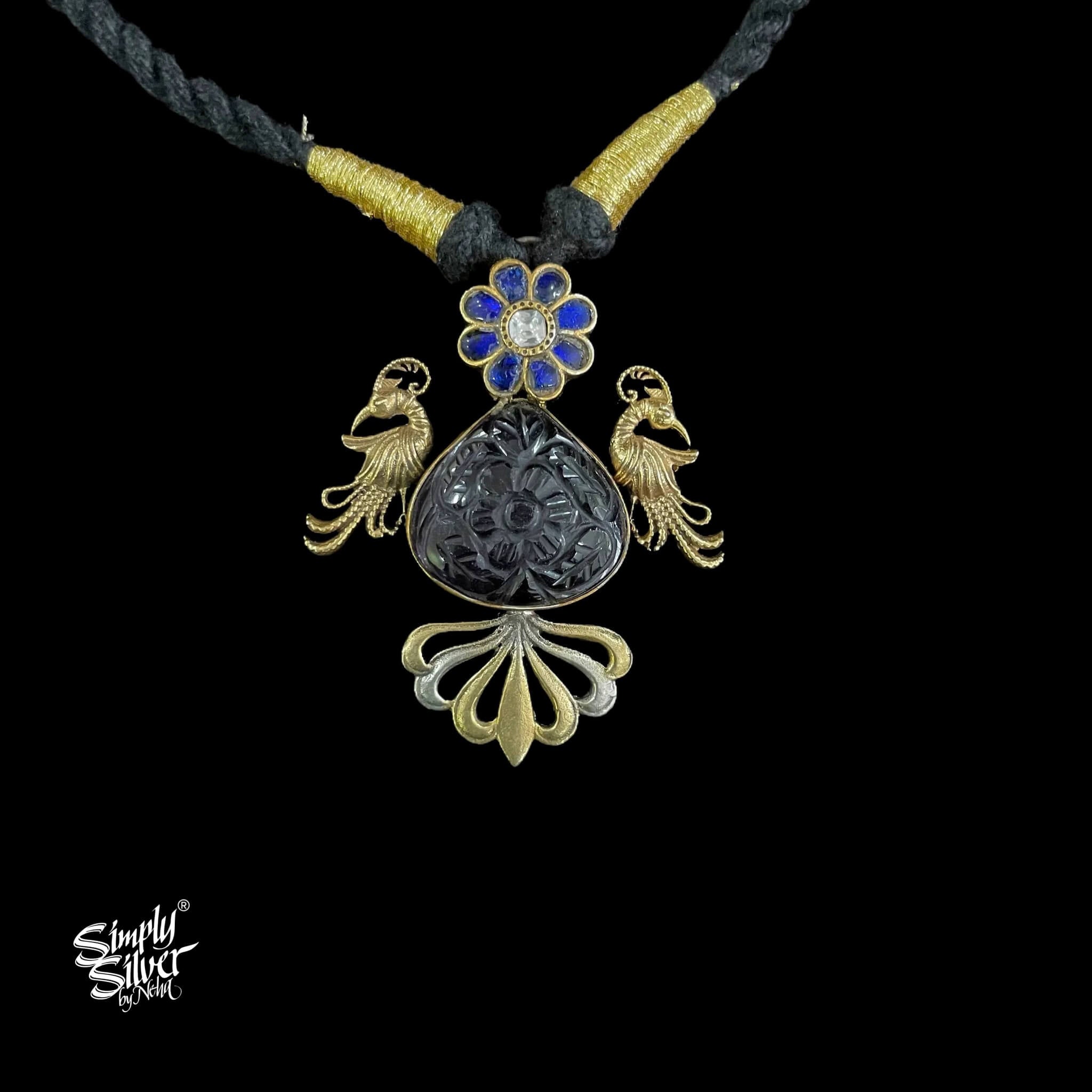 Silver Dual Tone Peacocks with Kundan Flower & Big Purple Color Glass Necklace - MH4987