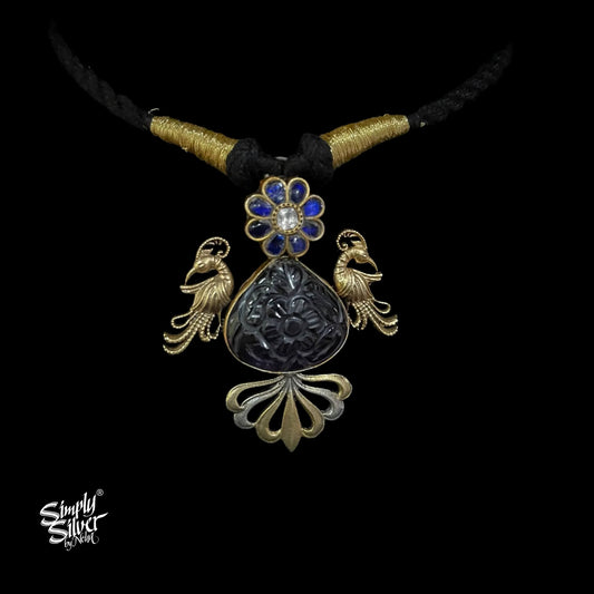 Silver Dual Tone Peacocks with Kundan Flower & Big Purple Color Glass Necklace - MH4987