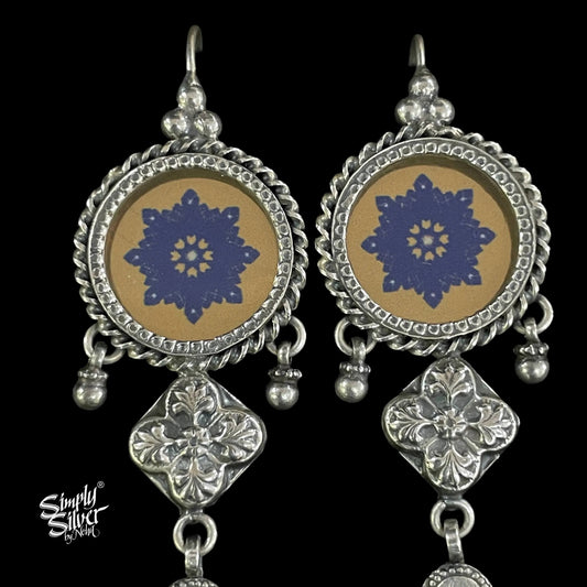 Silver Flower with Electric Gold & Blue Color Hand Painted Glass - MH5090
