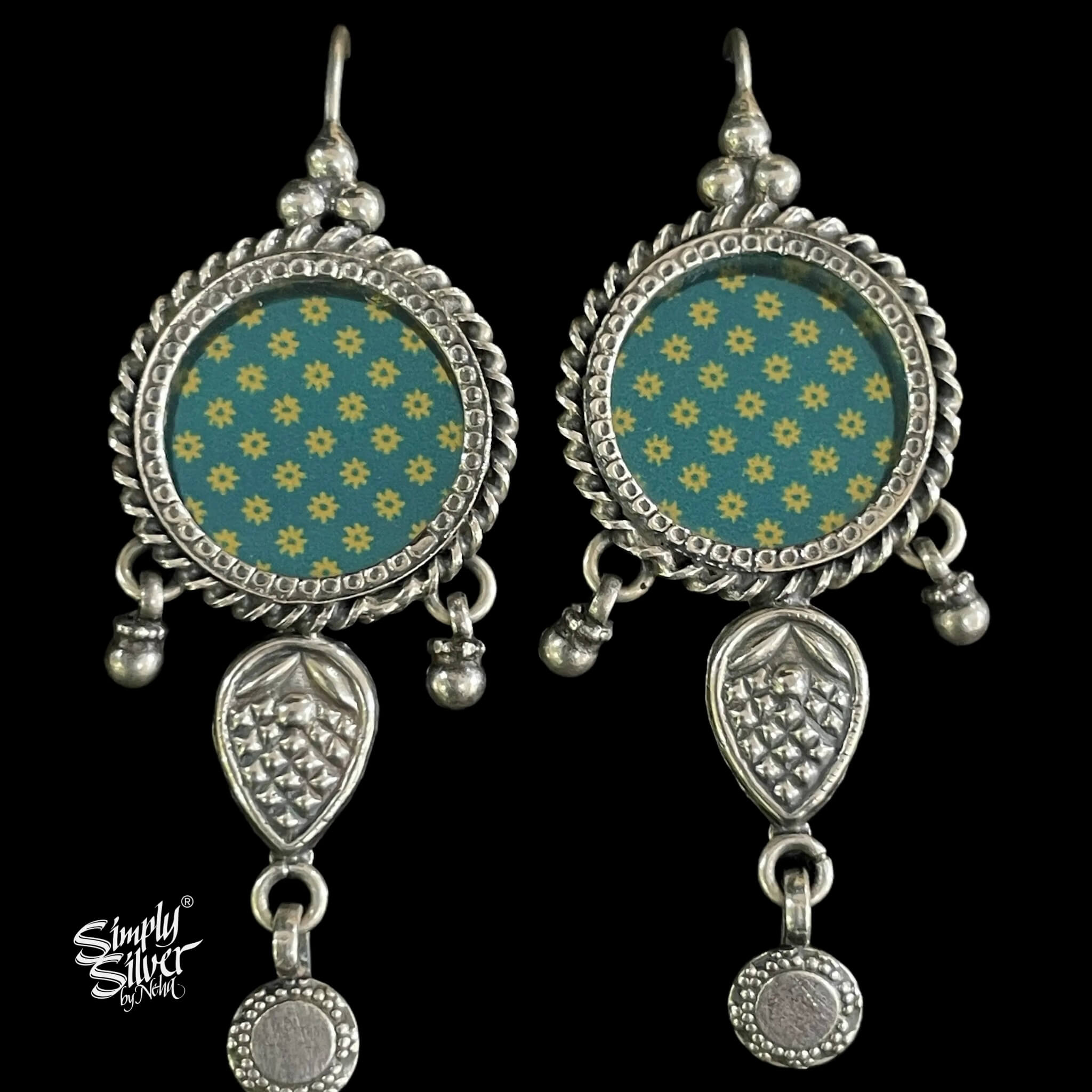 Silver Flower with Electric Teal & Yellow Color Hand Painted Glass - MH5093