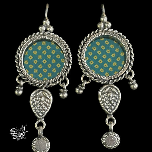 Silver Flower with Electric Teal & Yellow Color Hand Painted Glass - MH5093