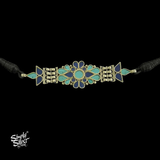 Traditional Rajasthani Silver Aqua & Blue Color Glass Flower Choker - MH5108