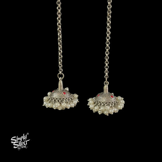 Silver Long Chain Jhumka with Red Stone & Pearls - MH5120