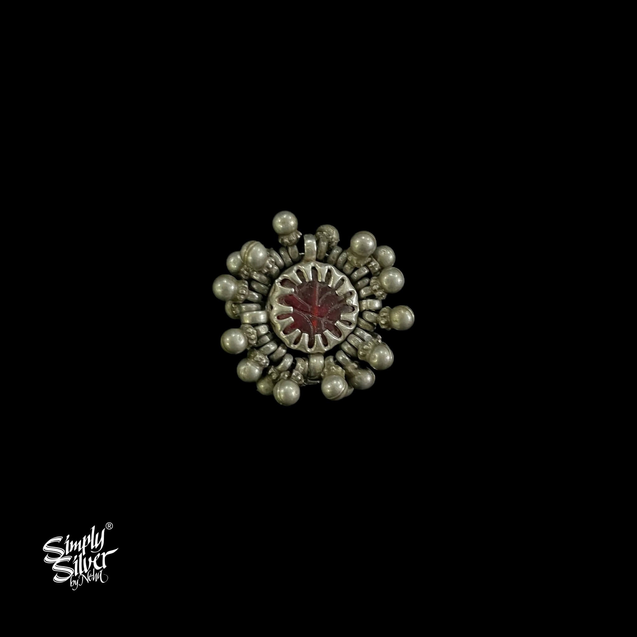 Silver Ghungroos Ring with Red Color Glass - MH5127