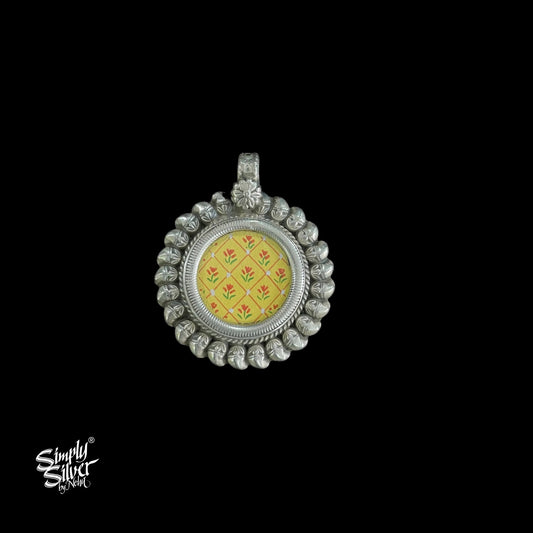Silver Round Yellow Color Hand Painted Glass & Flower Pendant - MH5169