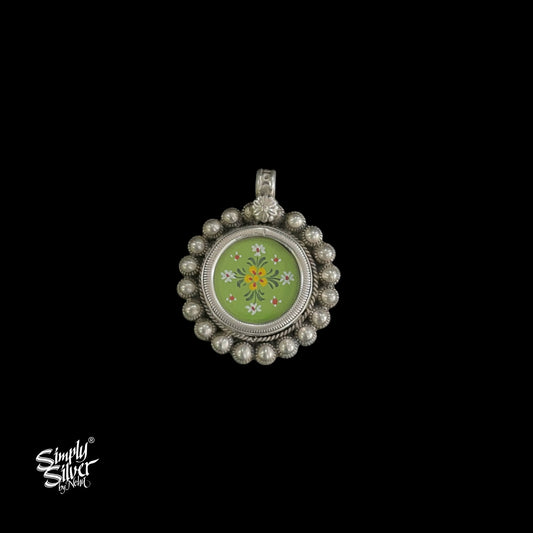 Silver Round Green Color Hand Painted Glass & Flower Pendant - MH5171