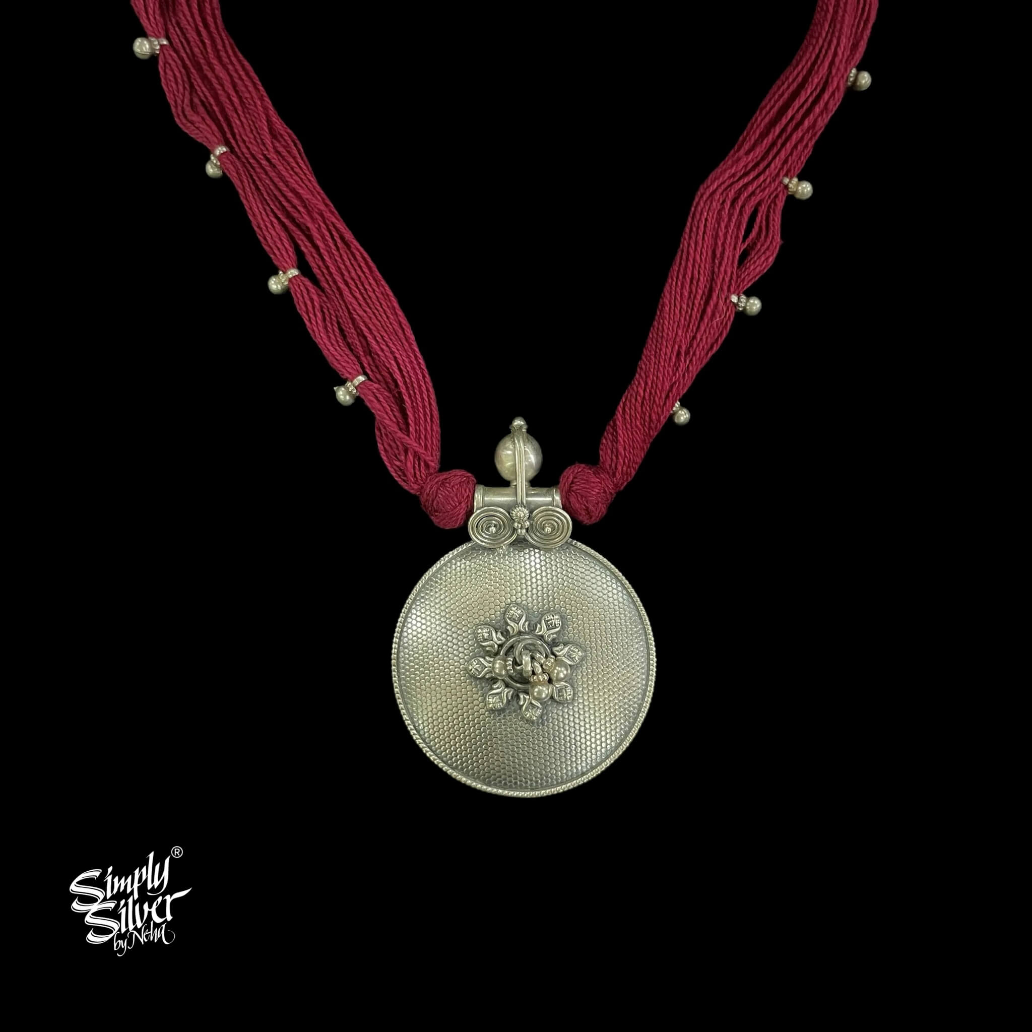 Silver Round Flower Pendant with Maroon Thread Ghungroos - MH5202