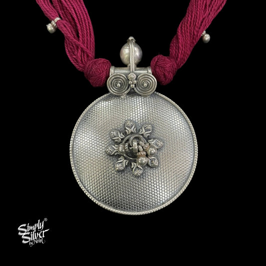 Silver Round Flower Pendant with Maroon Thread Ghungroos - MH5202