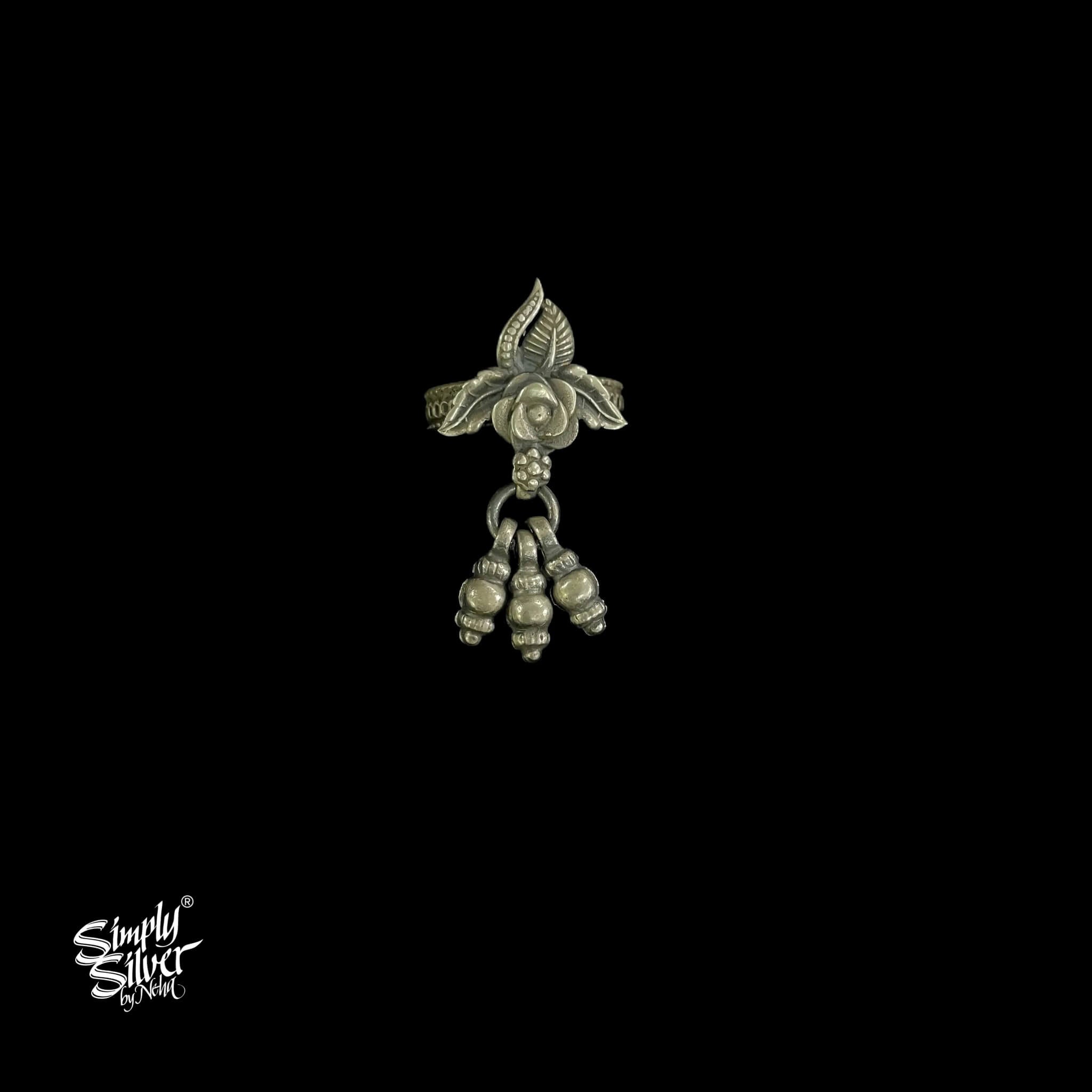 Silver Leaf & Rose Ring With Ghungroos - MH5262