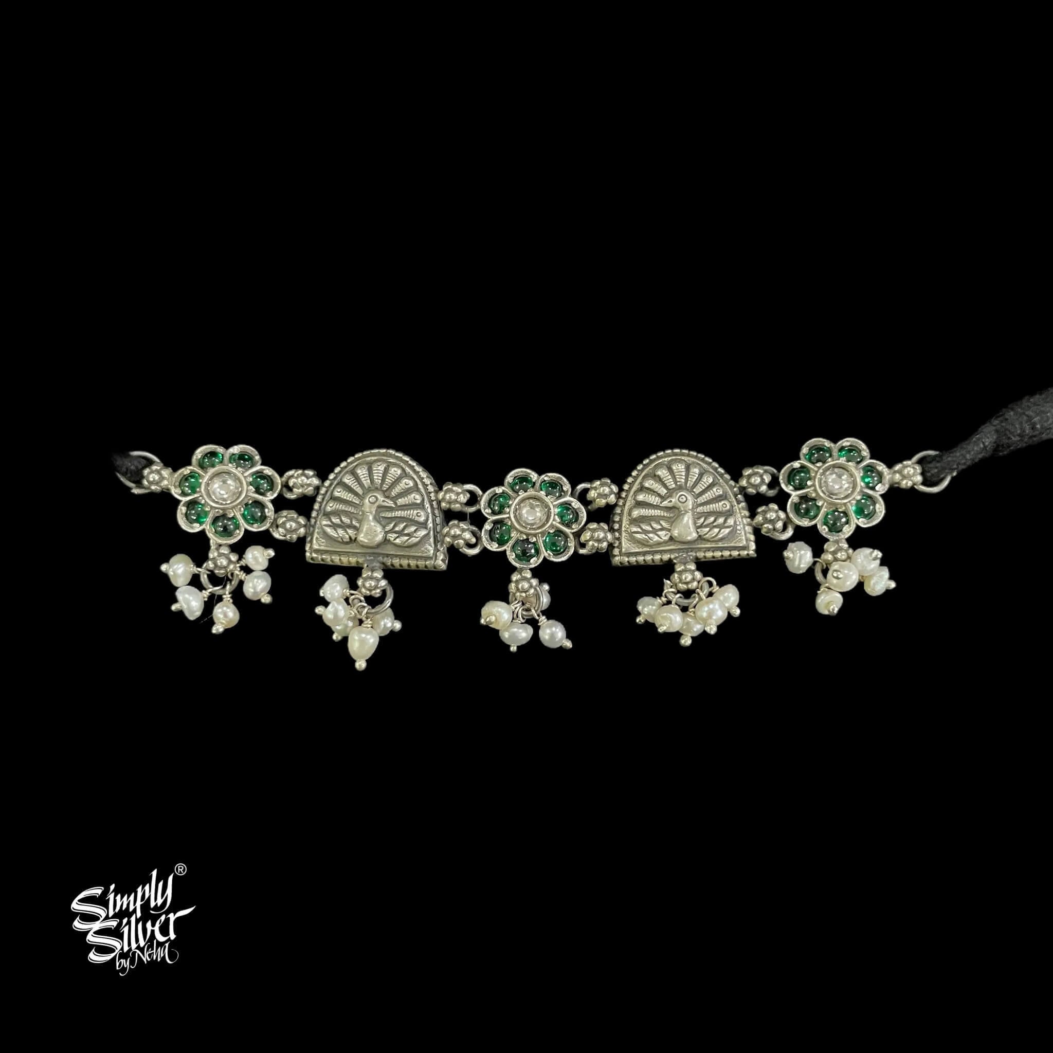 Silver Green & White Kundan Flower & Peacocks with Pearls Choker - MH5270