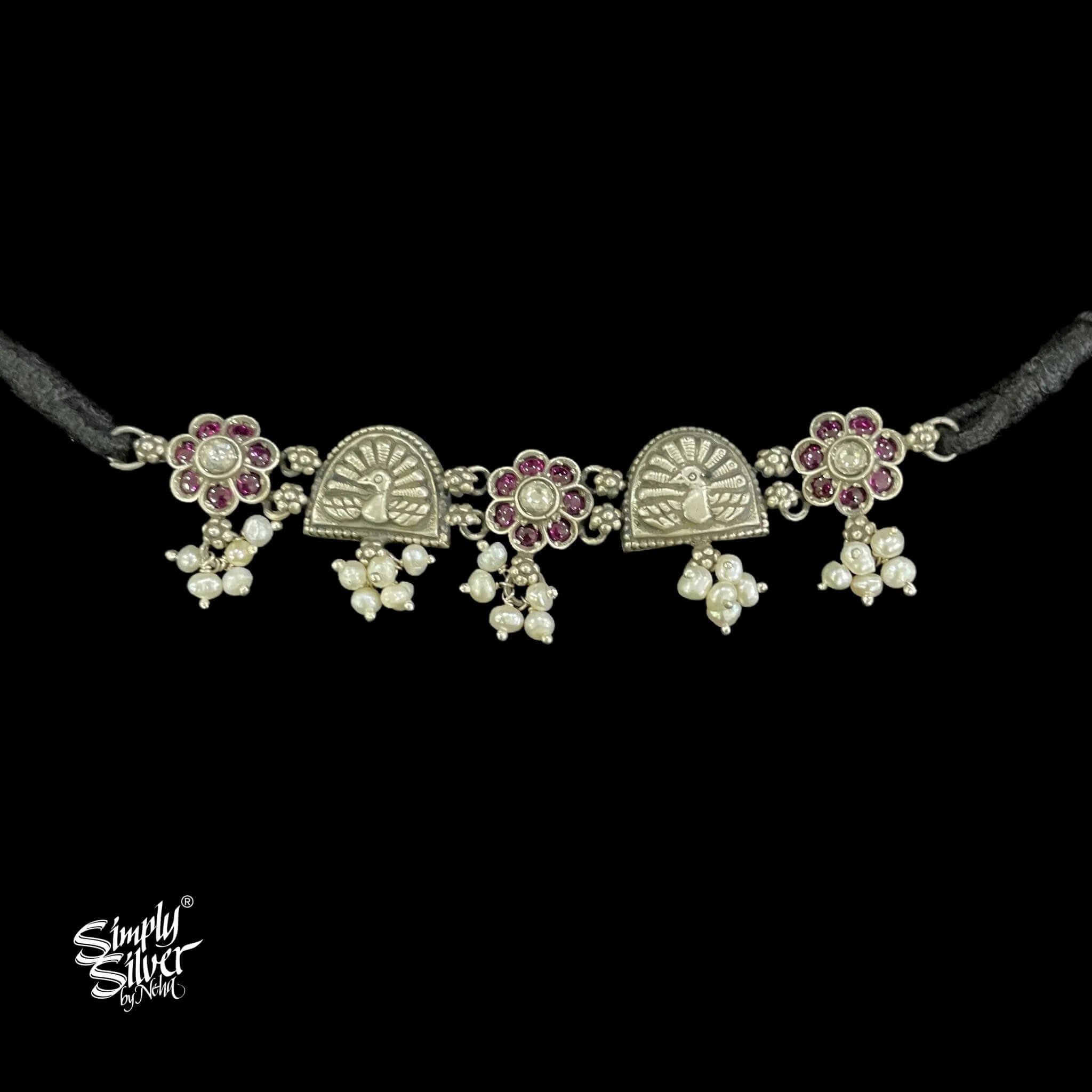 Silver Pink & White Kundan Flower & Peacocks with Pearls Choker - MH5272