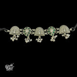 Silver Green & White Kundan Flower & Peacocks with Pearls Choker - MH5273