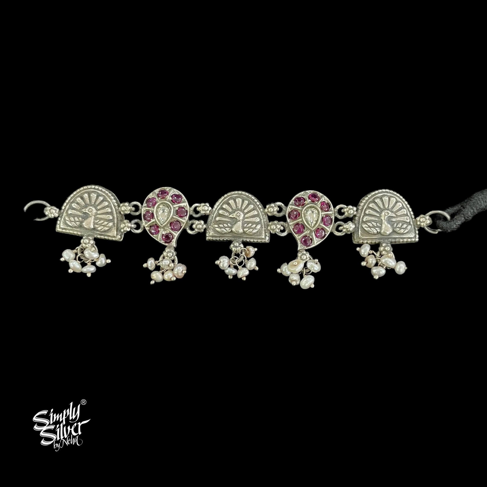 Silver Pink & White Kundan Flower & Peacocks with Pearls Choker - MH5274