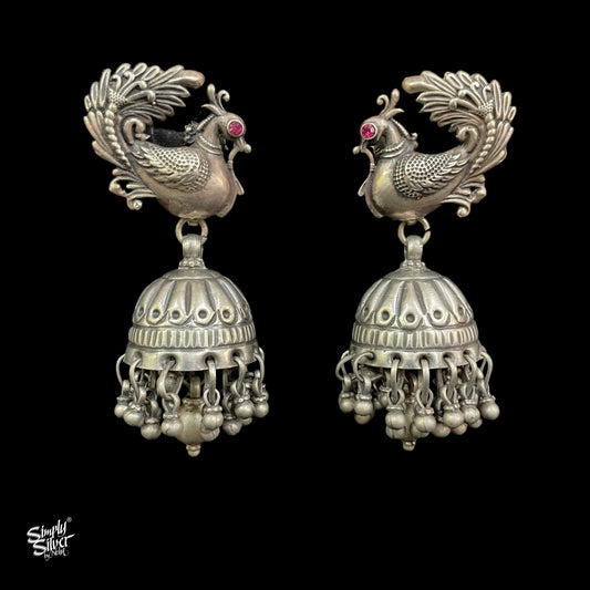Silver Statement Floral Jhumka with Peacock & Pink Color Stone - MH5334
