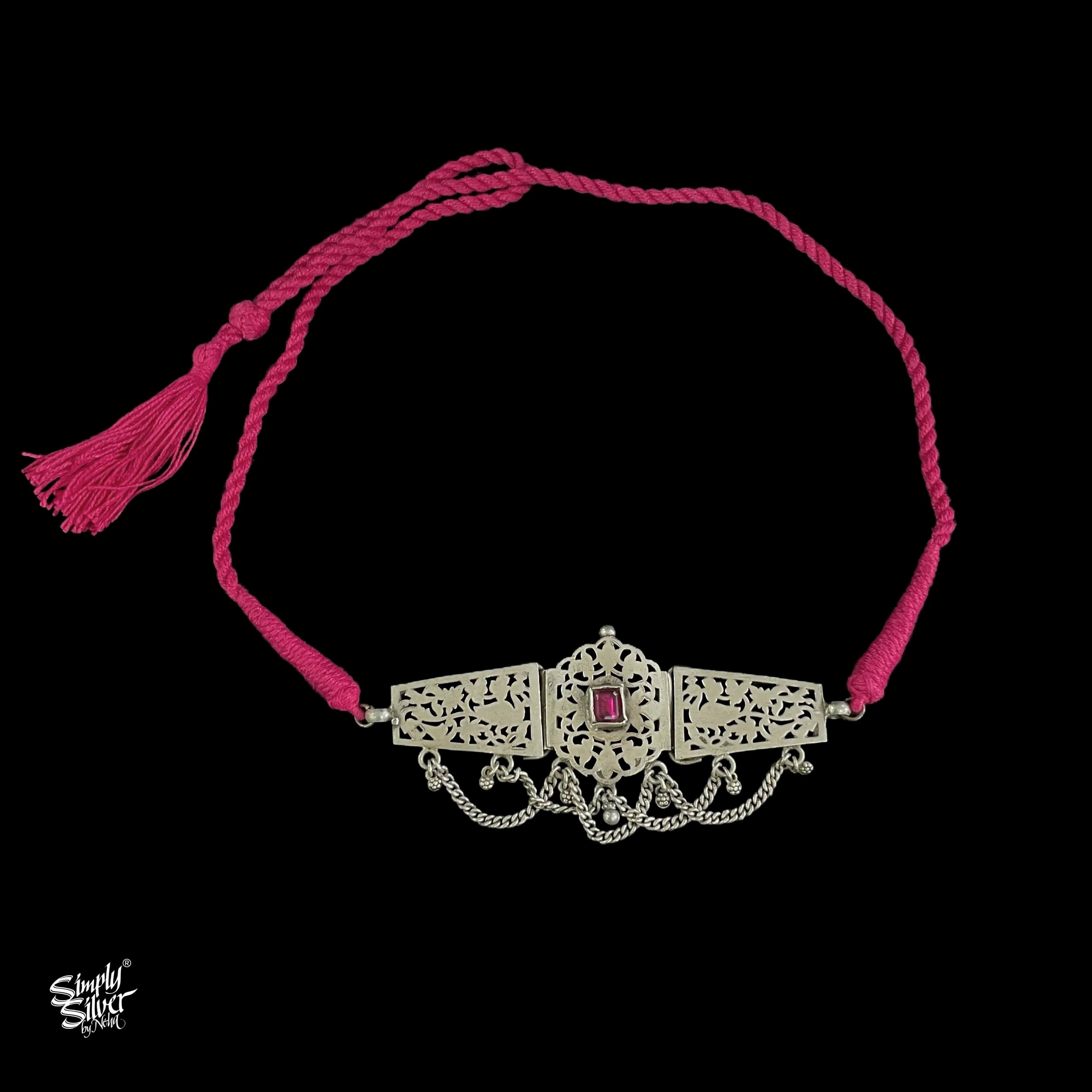 Silver Centre Pink Color Stone Choker with Jaali Peacocks & Chains - MH5374