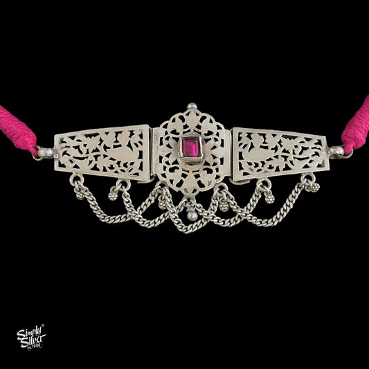 Silver Centre Pink Color Stone Choker with Jaali Peacocks & Chains - MH5374