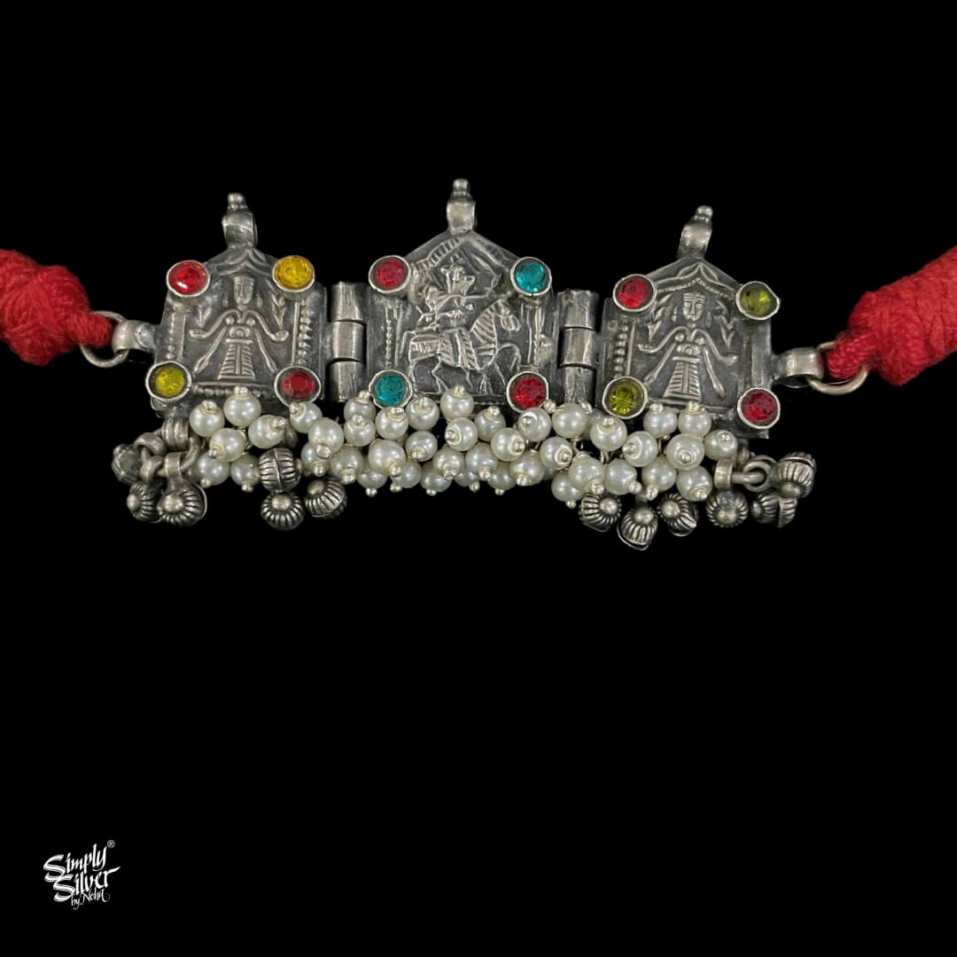 Silver Multi Color Stone with Pearls Choker - MH5378