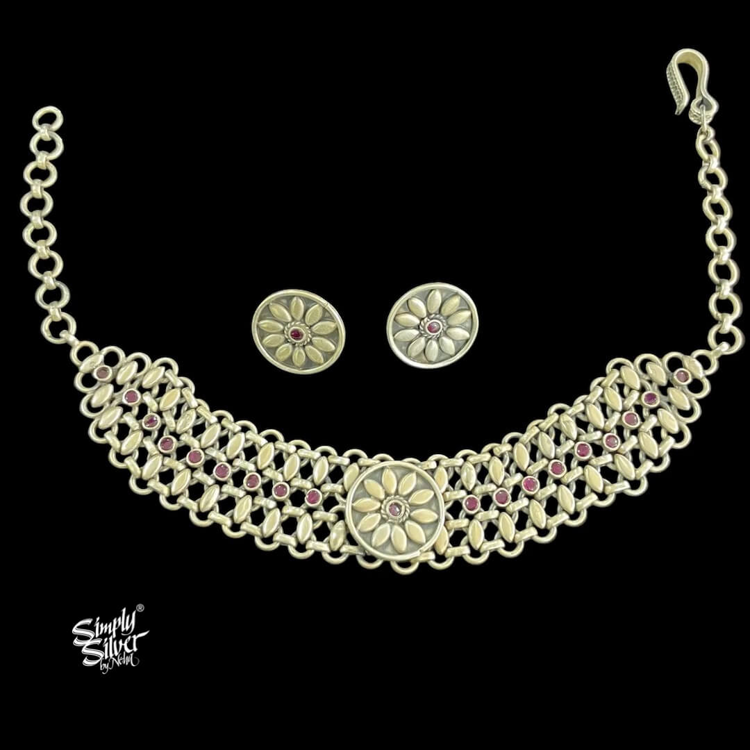 Statement Chatai Flower & Pink Stone Choker With Earings Set - MH5422