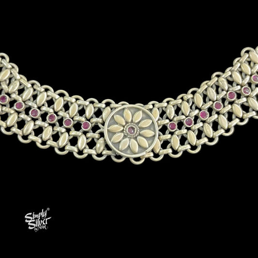 Statement Chatai Flower & Pink Stone Choker With Earings Set - MH5422