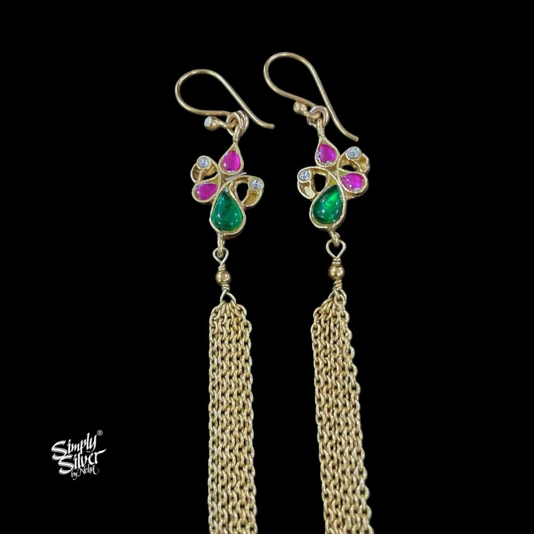 Silver Gold Polish Multi Color Kundan Flower with Long Chains - MH5455