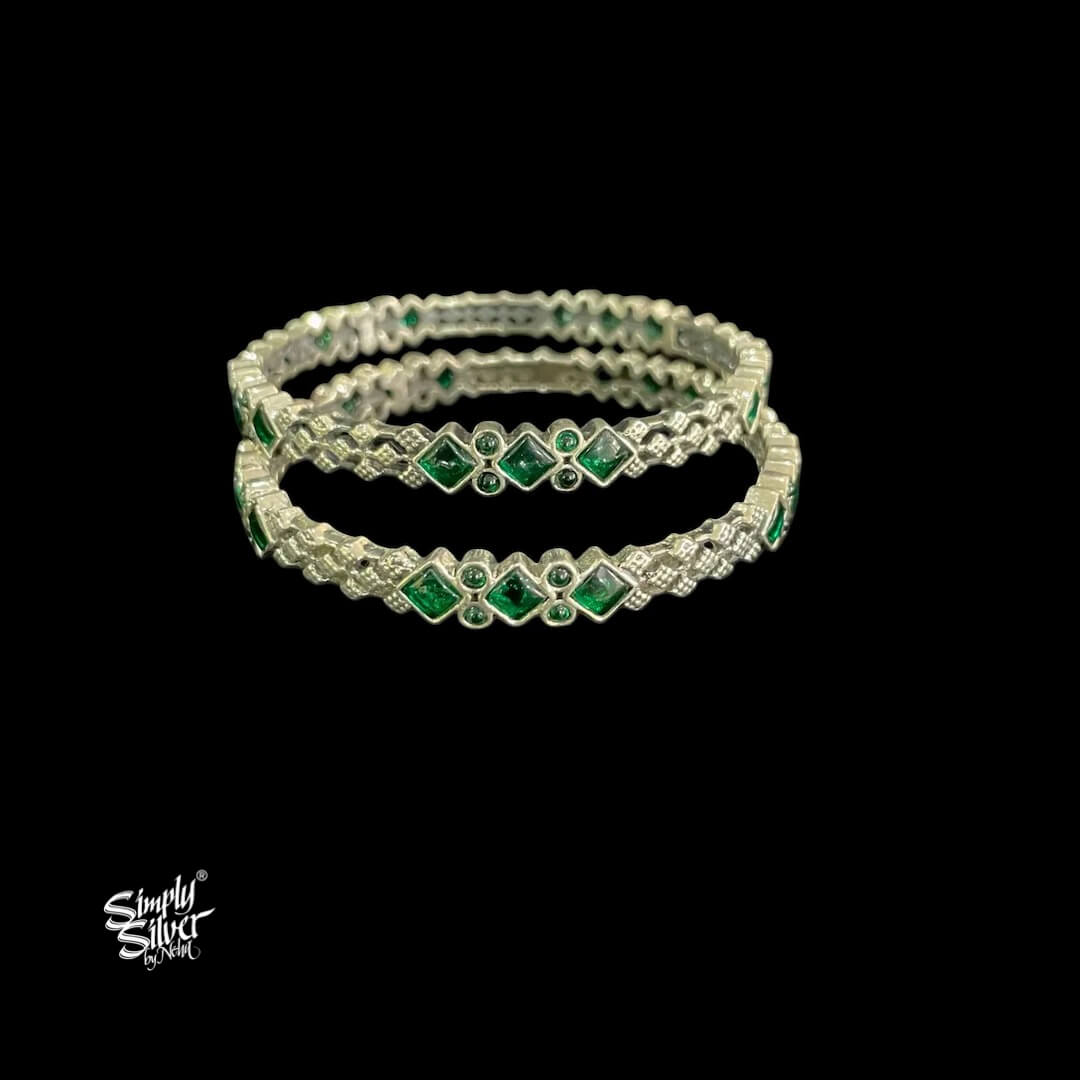 Silver Designer Green Kundan Bangles Pair - MH5459