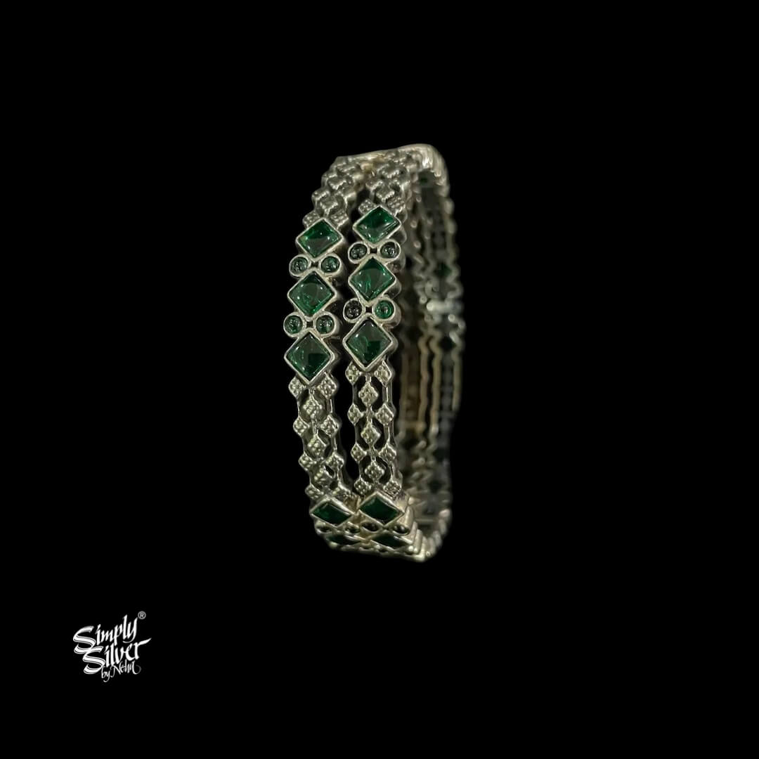 Silver Designer Green Kundan Bangles Pair - MH5459
