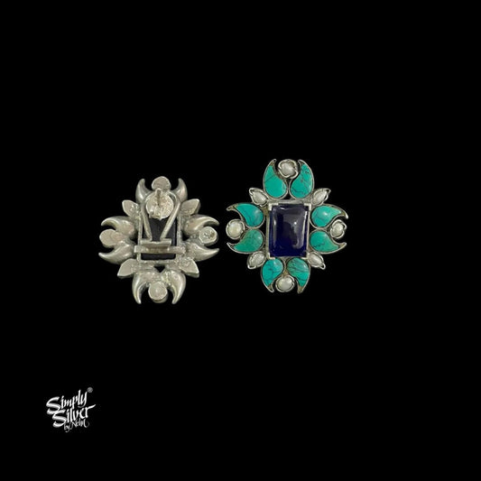 Turquoise & Pearls Kundan Flower with Center Blue Glass - MH5462