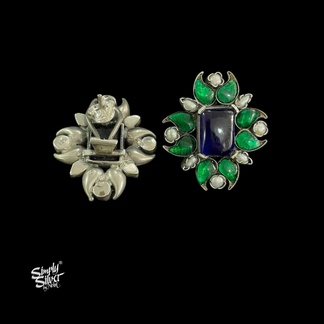 Green Kundan & Pearls Flower with Center Blue Glass - MH5463