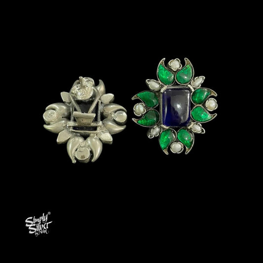 Green Kundan & Pearls Flower with Center Blue Glass - MH5463