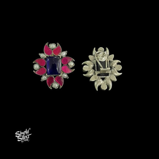 Pink Kundan & Pearls Flower with Center Blue Glass - MH5464