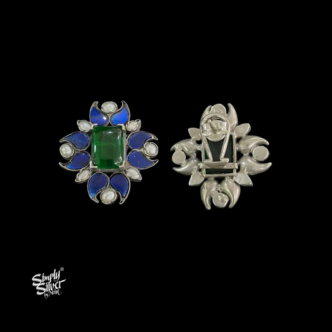 Blue Kundan & Pearls Flower with Center Green Glass - MH5465