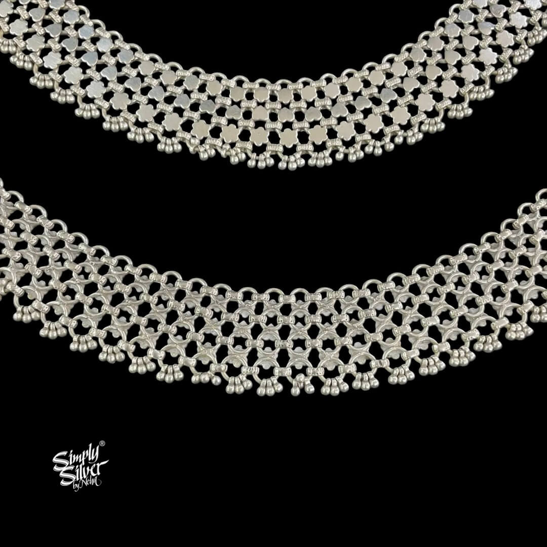 Silver Statement Jaali Flower Anklet Pair - MH5466