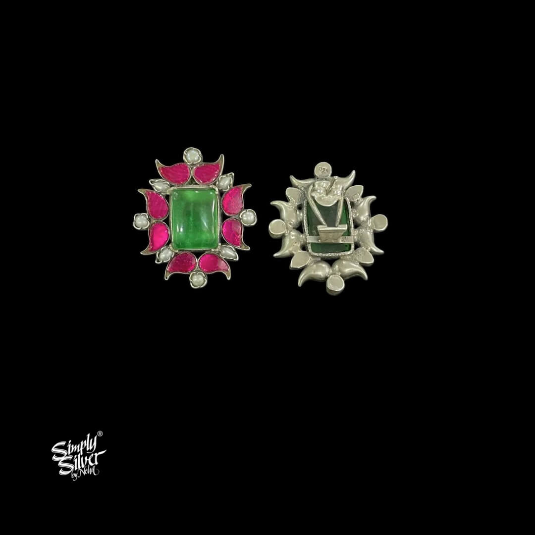 Pink Kundan & Pearls Flower With Center Light Green Glass - MH5468