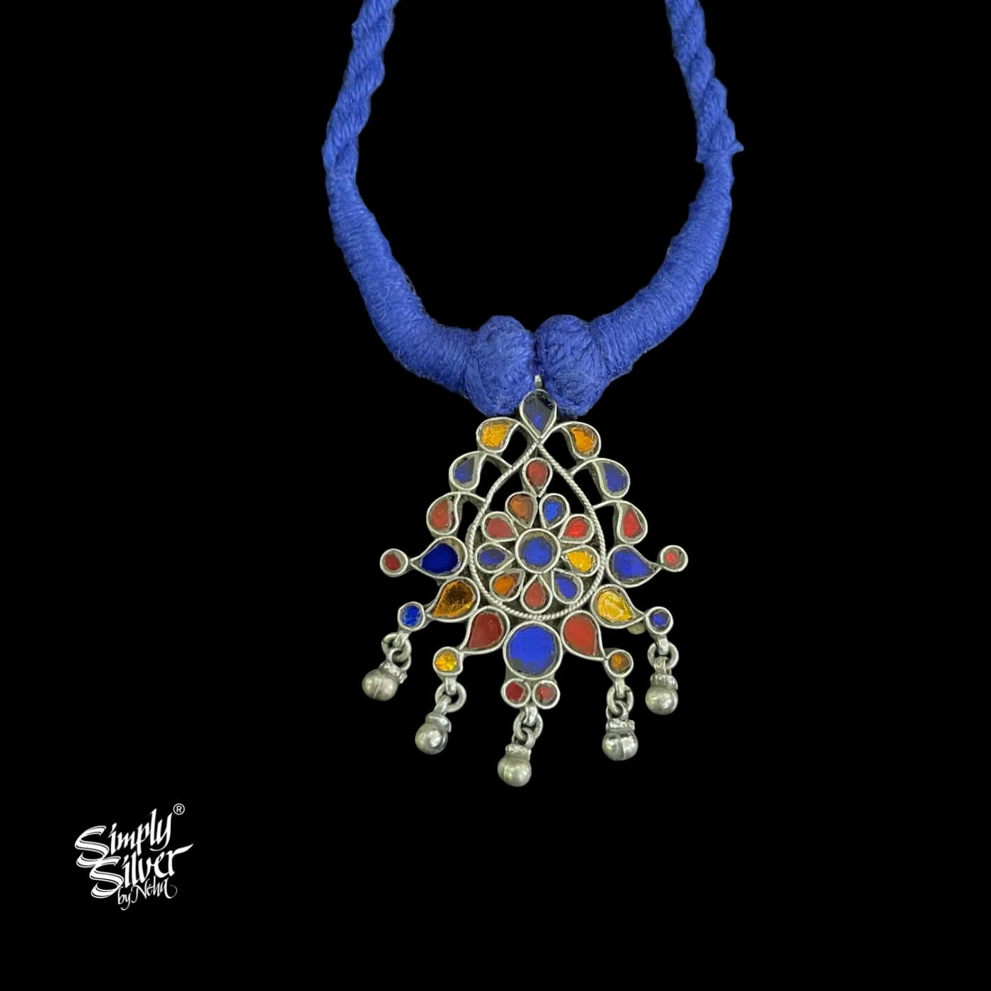 Silver Multi Color Glass & Ghungroos Pendant Necklace - MH5537