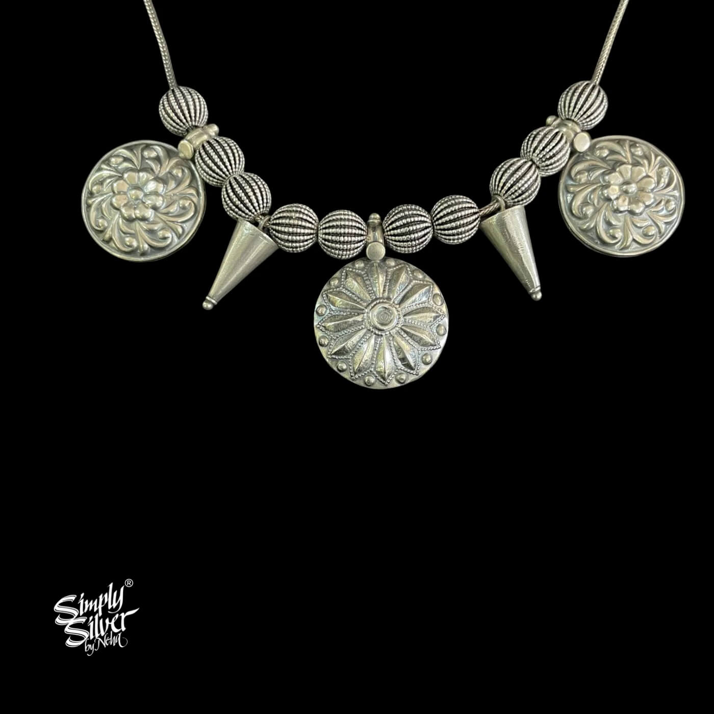 Silver Chain with Balls, Conical & Round Floral Necklace - MH5538
