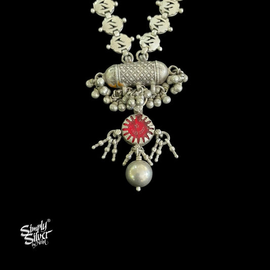 Silver Red Glass Necklace with Ghungroos & Bead - MH5556