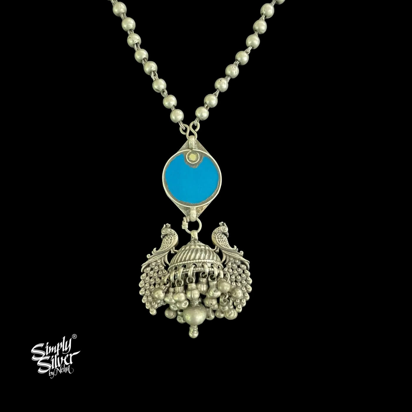 Silver Ball Chain Necklace with Peacocks & Multi Layer Jhumka, Yellow & Blue Glass - MH5590