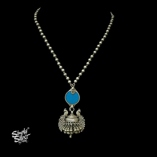 Silver Ball Chain Necklace with Peacocks & Multi Layer Jhumka, Yellow & Blue Glass - MH5590