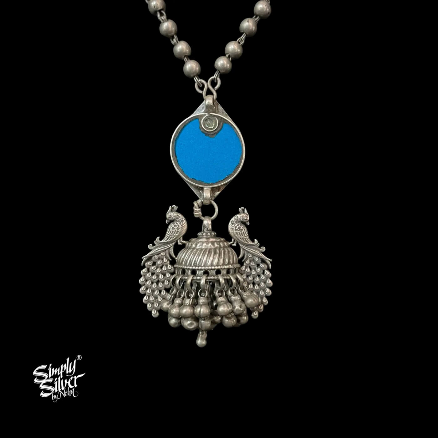 Silver Ball Chain Necklace with Peacocks & Multi Layer Jhumka, Yellow & Blue Glass - MH5590