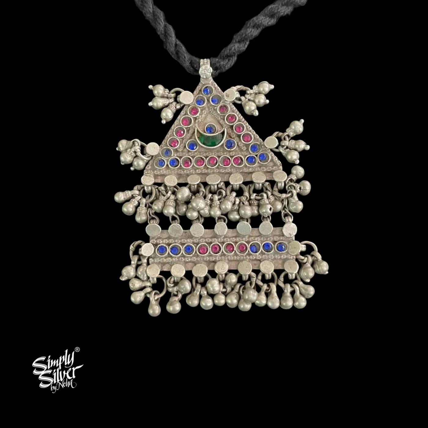 Green Chaand with Multi Color Glass & Ghungroos Pendant - MH5591