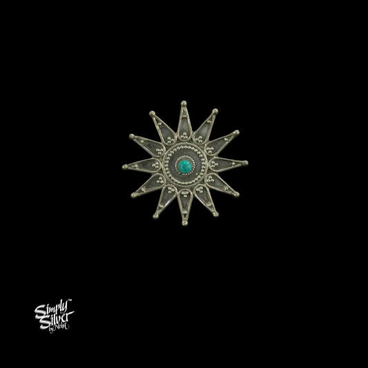 Silver Flower Ring with Center Turquoise Stone - MH5610