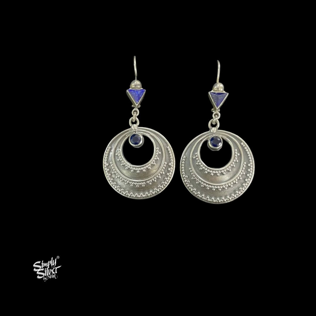 Silver Hooks with Blue Color Stone & Round Disc