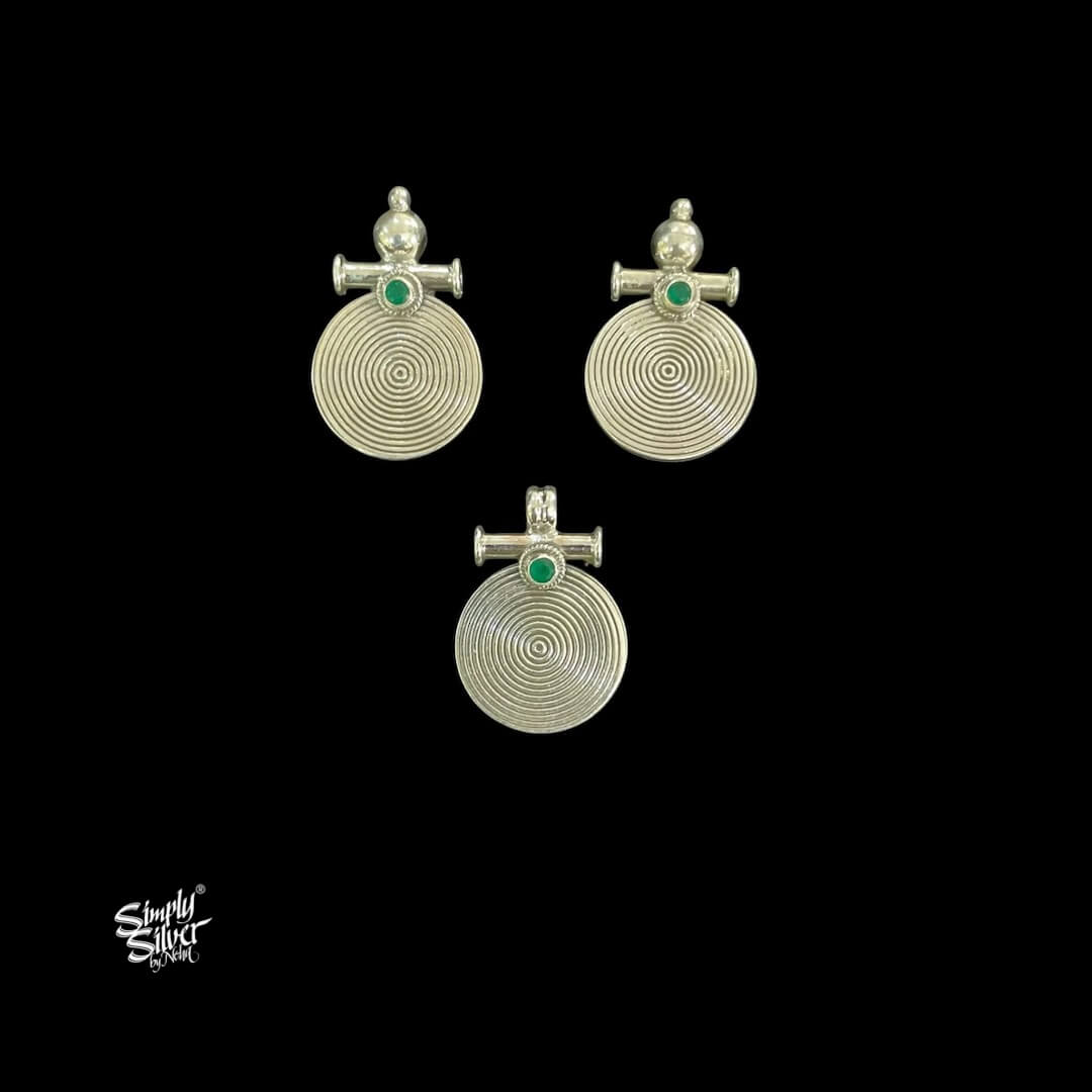 Set of Green Stone & Round Pendant with Earrings